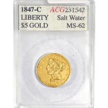 1847-C $5 Gold Half Eagle ACG MS62 Salt Water