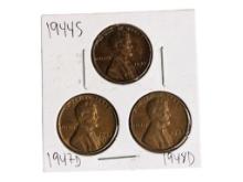 Lot of 3 Lincoln Wheat Pennies - 1944-S, 1947-D & 1948-D