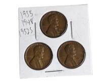 Lot of 3 Lincoln Wheat Pennies - 1955, 1948 & 1952-S