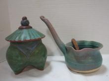 Signed Studio Pottery Footed Sugar Bowl and Long Handle Creamer