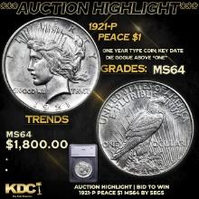 ***Auction Highlight*** 1921-p Peace Dollar 1 Graded ms64 BY SEGS (fc)