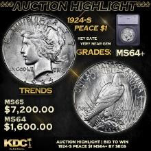 ***Auction Highlight*** 1924-s Peace Dollar $1 Graded ms64+ BY SEGS (fc)