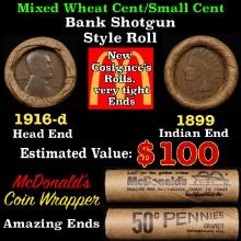 Lincoln Wheat Cent 1c Mixed Roll Orig Brandt McDonalds Wrapper, 1916-d end, 1899 Indian other end