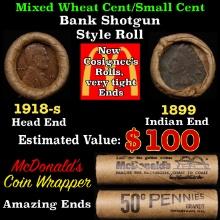 Lincoln Wheat Cent 1c Mixed Roll Orig Brandt McDonalds Wrapper, 1918-s end, 1899 Indian other end
