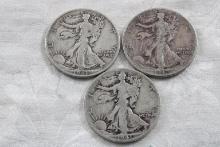 3 Walking Liberty Half Dollars 1941D, 1942 & 1943