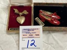 Gold plated heart locket and ruby red shoes brooch