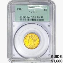 1901 $5 Gold Half Eagle PCGS MS62