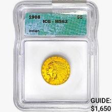 1908 $5 Gold Half Eagle ICG MS62