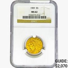 1909 $5 Gold Half Eagle NGC MS62