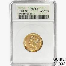 1881 $5 Gold Half Eagle ANACS MS62 Breen-6714