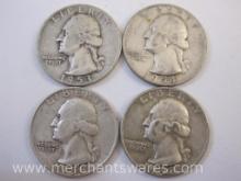 Four US Silver Washington Quarters: 1953-D, 1954-D, 1956-D and 1958-D