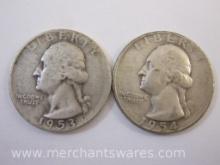 Two US Silver Washington Quarters: 1953-S and 1954-S