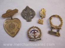 Vintage Religious Pins including 1938 VIII National Eucharistic Congress, 1951 Christian School