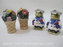 Two Sets of Salt and Pepper Shakers, Frog Chef and Flower Baskets, 11 oz