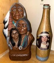 Ceramic Indian Sculpture 3 Generations signed Doris 1986 10" t & Handcrafted Bottle w/Indian Maiden