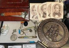 Vtg Collectibles- Cross, Rhinestone Money Clip, Cigar Cutter, Copy Morgan Coin & More