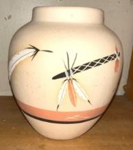 Navajo Sand Painting Feather Pot Signed "Little 1969"