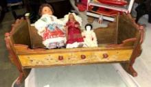 VTG Wood Doll Bed approx 2 1/2ft long with 3 Vintage Dolls