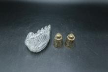 Pair Sterling Silver OVerlay Salt And Peppers And Glass Swan Box