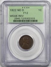 1922 No D Weak Reverse Lincoln Wheat Cent Coin PCGS F12BN Old Green Holder