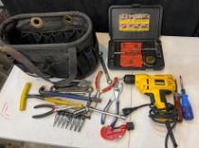 blackjack tire repair kit, deWalt drill, tools, and tool bag