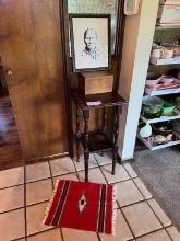 Vintage Accent Table, Small Rug, Box, And Framed Print