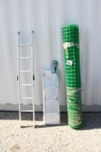 ROLL OF GREEN MESH, TWO LADDERS, EZ RATCHET WRENCH