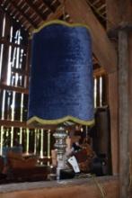 Hanging Lamp with Blue Shade and Gold Fringe
