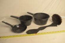 Cast Iron Clam Shell Ladle and Enamel Pots
