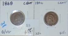 1868, 1896 Indian Cents G-VG, XF.