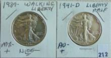 1937, 1941-D Walking Liberty Half Dollars. Nice!