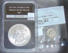 1885 Morgan Dollar UNC., 1940 Mercury Dime.