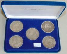 5 Morgan Dollars in Deluxe box: 1880, 1885, 1886,