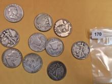 Ten mixed silver half dollars