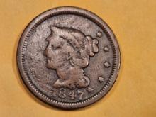 ERROR! 1847 Braided Hair Large Cent in Fine