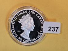 1994 GEM Proof Deep Cameo Turks & Caicos silver 20 crowns