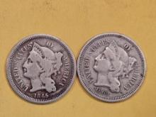 1865 and 1869 Three Cent Nickels