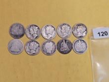 Ten mixed silver dimes