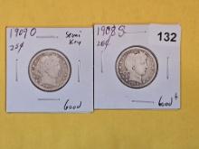 Two Semi-Key 1909-O and 1908-S Barber Quarters