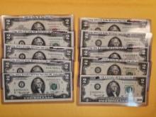 Ten $2 Red and Green Seal US Notes