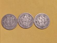 1865, 1866 and 1867 Three Cent Nickels