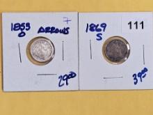 1853-O with Arrows and 1869-S Seated Liberty Half-Dimes