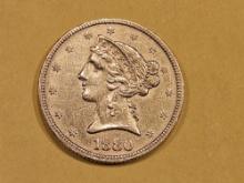 GOLD! Brilliant About Uncirculated 1880 Gold Liberty Head Five Dollars