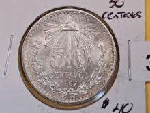 Choice brilliant Uncirculated 1907 Mexico silver 50 Centavos