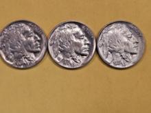 Three Brilliant Uncirculated 1935, 36 and 37 Buffalo Nickels