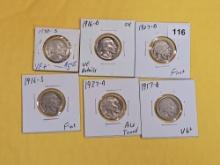 Six Better date or grade Buffalo Nickels