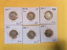 Six Better date or grade Buffalo Nickels