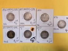 Seven mixed silver Seated Liberty Quarters