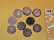 Nine mixed silver Quarters