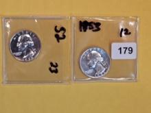 GEM Proof 1952 and 1953 silver Washington Quarters